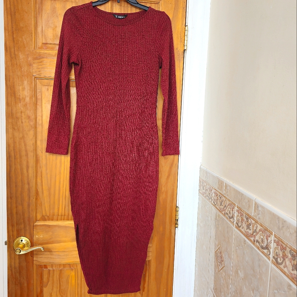 Shein Women's Burgundy Crew Neck Long-sleeved Ribbed Knit Sweater Dress, Size S